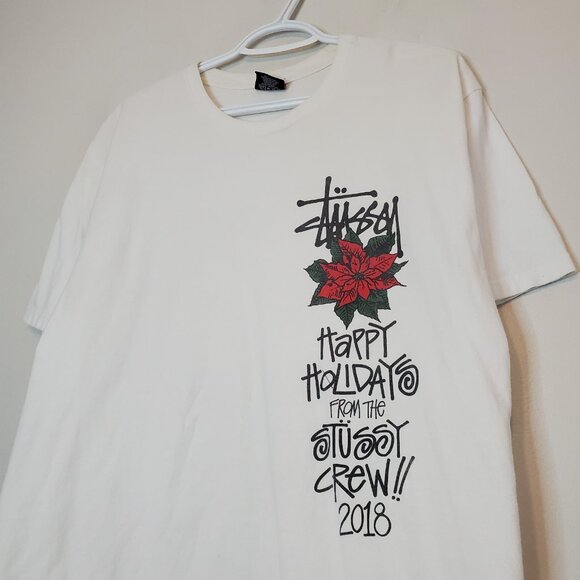 Stussy Happy Holidays 2018  Spell Out Shirt White Size L - Picture 2 of 5
